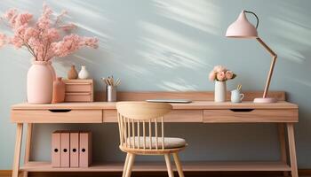 ai generiert modern Büro Design mit Holz Tisch, Stuhl, und Bücherregal generiert durch ai foto