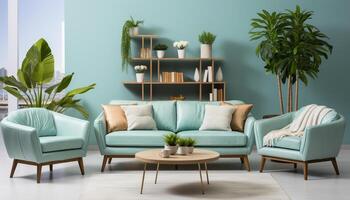 ai generiert modern, elegant Leben Zimmer mit komfortabel Sofa, Stuhl, und Pflanze generiert durch ai foto