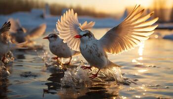 ai generiert Möwe fliegend Über Wasser, Sonnenuntergang spiegelt auf Verbreitung Flügel generiert durch ai foto