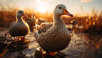 ai generiert Ente Familie quaken beim Sonnenuntergang, reflektieren Schönheit im Natur generiert durch ai foto