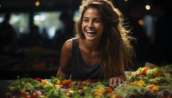 ai generiert jung Frau genießen ein frisch Gemüse Salat im ihr Küche generiert durch ai foto