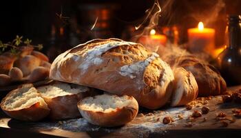 ai generiert frisch gebacken Brot auf ein rustikal hölzern Tisch, bereit zu Essen generiert durch ai foto