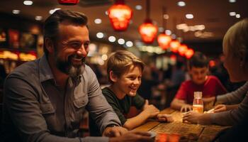 ai generiert ein froh Familie Sitzung beim ein Tisch, feiern Weihnachten drinnen generiert durch ai foto