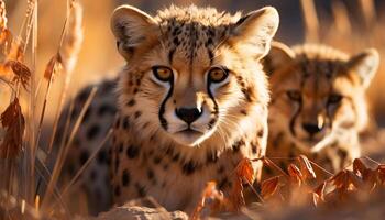 ai generiert majestätisch Gepard versteckt sich, suchen beim Kamera, im afrikanisch Wildnis generiert durch ai foto