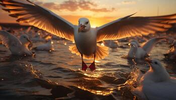 ai generiert Möwe fliegend Über Wasser, Sonnenuntergang spiegelt Schönheit im Natur generiert durch ai foto