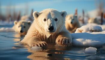 ai generiert süß samoyed Hündchen spielen im schneebedeckt Arktis Wildnis generiert durch ai foto