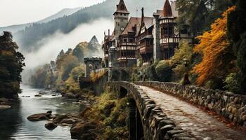 ai generiert Herbst Landschaft Wald, Berg, Brücke, still Szene, Gelb Blätter generiert durch ai foto