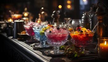 ai generiert Nachtclub Feier Cocktail Glas, Obst Dekoration, multi farbig Martini, erfrischend trinken generiert durch ai foto