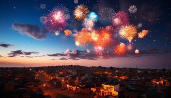 ai generiert Stadt Horizont explodiert mit beschwingt Feuerwerk, Zünden Feier und Freude generiert durch ai foto