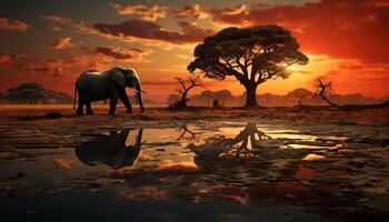 ai generiert Sonnenuntergang Über afrikanisch Savanne, still Szene mit Elefanten im Silhouette generiert durch ai foto