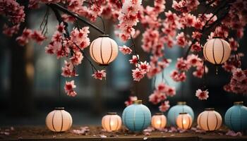 ai generiert Herbst Baum beleuchtet durch Laternen, feiern traditionell Chinesisch Festival generiert durch ai foto