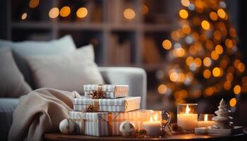 ai generiert gemütlich Winter Feier Geschenk Kasten, Kerze, beleuchtet Baum, komfortabel Sofa generiert durch ai foto