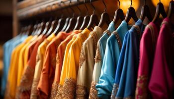 ai generiert Mode Boutique Vitrinen elegant Kleidung Sammlung im ein Vielfalt von Farben generiert durch ai foto