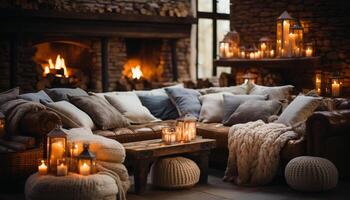 ai generiert gemütlich Leben Zimmer mit Kamin, Kerzenlicht, und komfortabel Sofa generiert durch ai foto