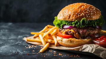 ai generiert köstlich Hamburger mit Kopfsalat, Tomate, Zwiebel, und Fritten. generativ ai. foto