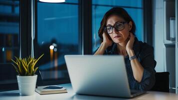 ai generiert Frau beschäftigt, verlobt im online Ausbildung beim ein Tisch. generativ ai. foto