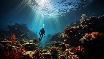 ai generiert Männer und Frauen erkunden Unterwasser, Tauchen in das tief Blau Meer generiert durch ai foto