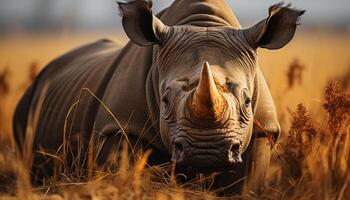 ai generiert Elefant Weiden lassen auf Gras, Nashorn im das wild, Sonnenuntergang Safari generiert durch ai foto