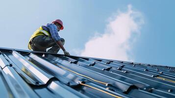 ai generiert Fachmann Dachdecker Installation Metall Dach auf ein Dach. generativ ai. foto