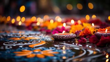ai generiert Flamme von Spiritualität leuchtet Hindu Feier, glühend mit beschwingt Farben generiert durch ai foto