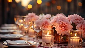 ai generiert elegant Hochzeit Tabelle geschmückt mit Kerzenlicht, Blumen, und Luxus generiert durch ai foto