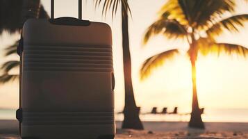 ai generiert Weiß Koffer ruhen auf sandig Strand. generativ ai. foto