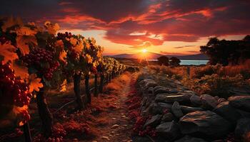 ai generiert still Sonnenuntergang Über Weinberg, beschwingt Herbst Farben im Natur generiert durch ai foto