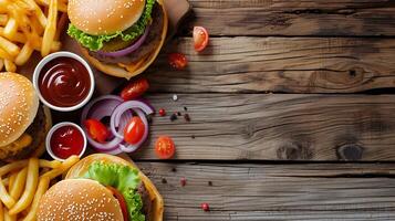 ai generiert köstlich Hamburger und Fritten mit Ketchup auf hölzern Tisch. generativ ai. foto