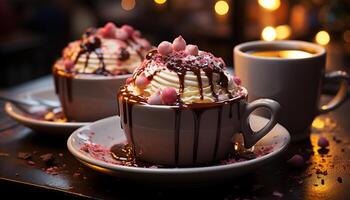 ai generiert ein Gourmet Dessert Tabelle mit Süss Essen und heiß Schokolade generiert durch ai foto
