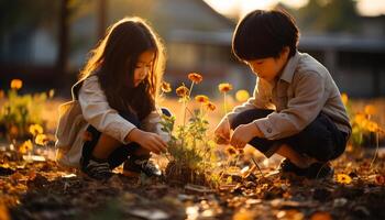 ai generiert zwei süß Kinder spielen zusammen im das Herbst Wald generiert durch ai foto