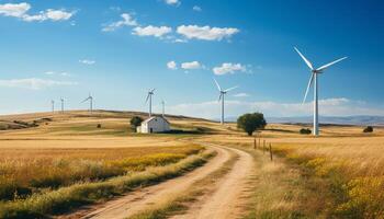 ai generiert Wind Turbinen Spinnen im ein Reihe, Stromversorgung Grün Industrie generiert durch ai foto