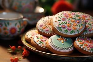 ai generiert dekoriert Ostern Kekse auf Tisch. generativ ai. foto