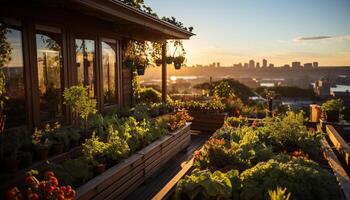 ai generiert Sonnenuntergang Über Stadtbild, Natur Schönheit leuchtet modern die Architektur generiert durch ai foto