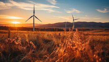 ai generiert Wind Turbinen generieren Alternative Energie im das Sonnenuntergang Himmel generiert durch ai foto
