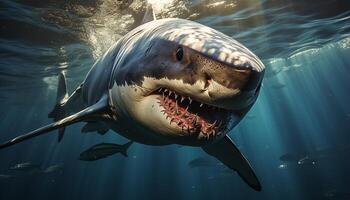 ai generiert majestätisch Fisch Schwimmen Unterwasser, schließen oben von Tier Zähne generiert durch ai foto