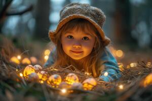 ai generiert ein Wald Dämmerung Geschenk leuchtet ein Kinder unschuldig Entdeckung, magisch Ostern Eier foto