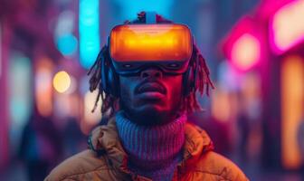 ai generiert das Mann ist halten ein virtuell Wirklichkeit Headset. ein Mann mit Dreadlocks tragen ein Gelb Licht auf seine Kopf. foto