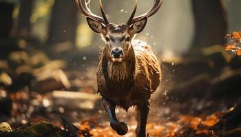 ai generiert süß Hirsch im Winter Wald, nass Fell, suchen beim Kamera generiert durch ai foto