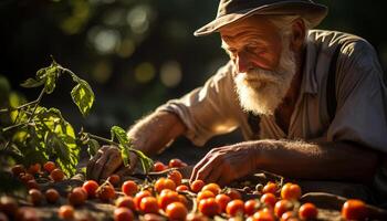 ai generiert Senior Mann Ernte frisch organisch Tomaten auf ein sonnig Tag generiert durch ai foto