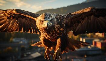 ai generiert majestätisch Falke hochfliegend im Sonnenuntergang, Symbol von Freiheit und Schönheit generiert durch ai foto