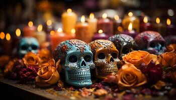ai generiert gespenstisch Halloween Dekoration Kerze, Schädel, Blume, dunkel, tot Person generiert durch ai foto