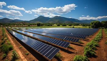 ai generiert Solar- Panel erzeugt Elektrizität, Stromversorgung Industrie mit nachhaltig Ressourcen generiert durch ai foto