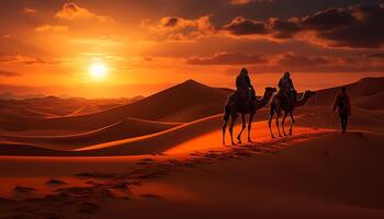ai generiert Silhouette von Kamel Konvoi Gehen durch trocken Sand Dünen generiert durch ai foto