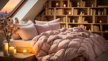 ai generiert gemütlich Schlafzimmer, modern Dekor, komfortabel Bett, beleuchtet durch Lampe generiert durch ai foto