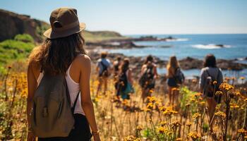 ai generiert jung Erwachsene genießen ein Sommer- Wanderung, Umarmen Natur Schönheit generiert durch ai foto