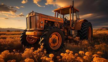 ai generiert landwirtschaftlich Maschinen Arbeiten im das Sonnenuntergang, Ernte Natur Wachstum generiert durch ai foto