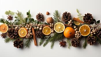 ai generiert Winter Feier Kiefer Kegel Nachtisch, Orange würzen, Nadelbaum Baum Dekor generiert durch ai foto