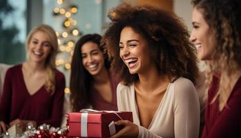 ai generiert jung Frauen genießen ein Weihnachten Feier, lächelnd und halten Geschenke generiert durch ai foto