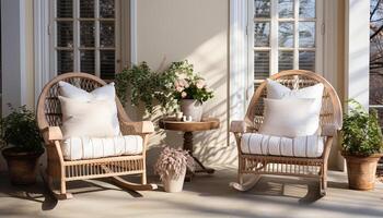 ai generiert gemütlich Leben Zimmer mit modern Design, komfortabel Stuhl, und rustikal Holz Bodenbelag generiert durch ai foto