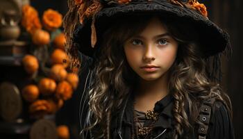 ai generiert schön jung Frau im Halloween Kostüm selbstbewusst suchen beim Kamera generiert durch ai foto